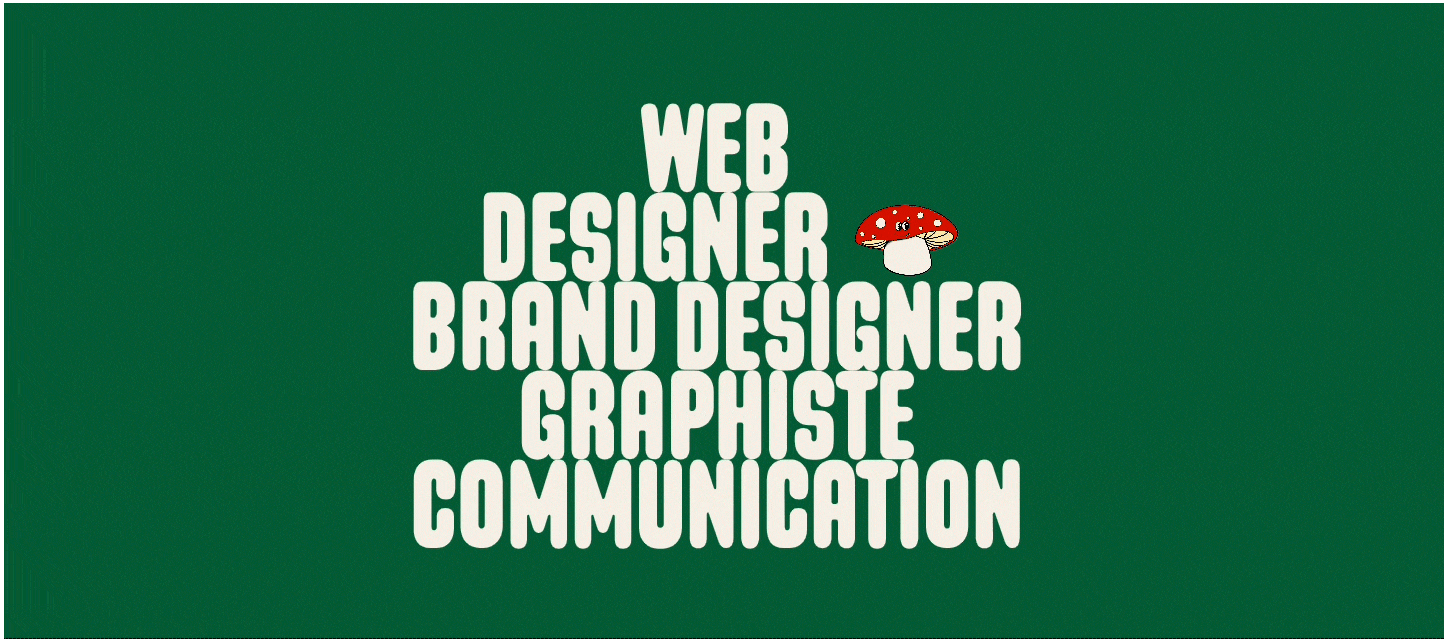 GIF d'une animation de texte avec mes différents métiers : webdesigner, graphiste, brand designer et communication